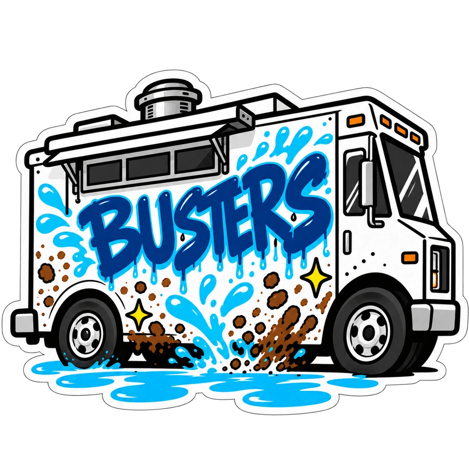 The original Busters food truck illustration with water splashes and cleaning sparkles.